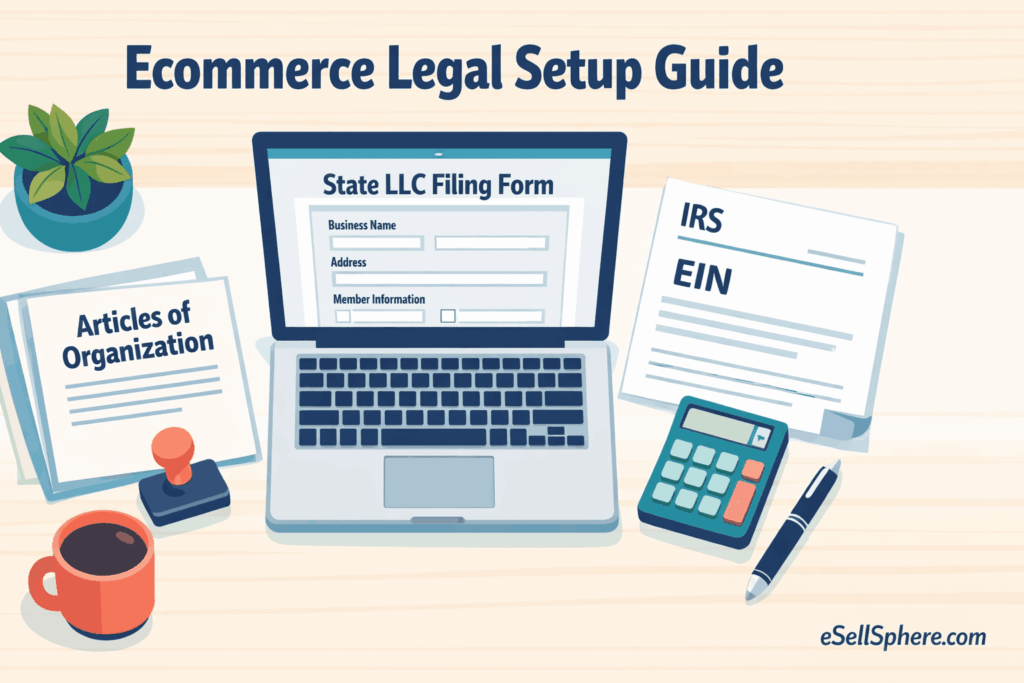 Step by step ecommerce legal setup guide showing LLC formation taxes and business license requirements for online sellers