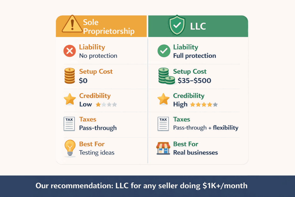 Comparison table showing differences between LLC and sole proprietorship for ecommerce businesses including liability taxes and costs