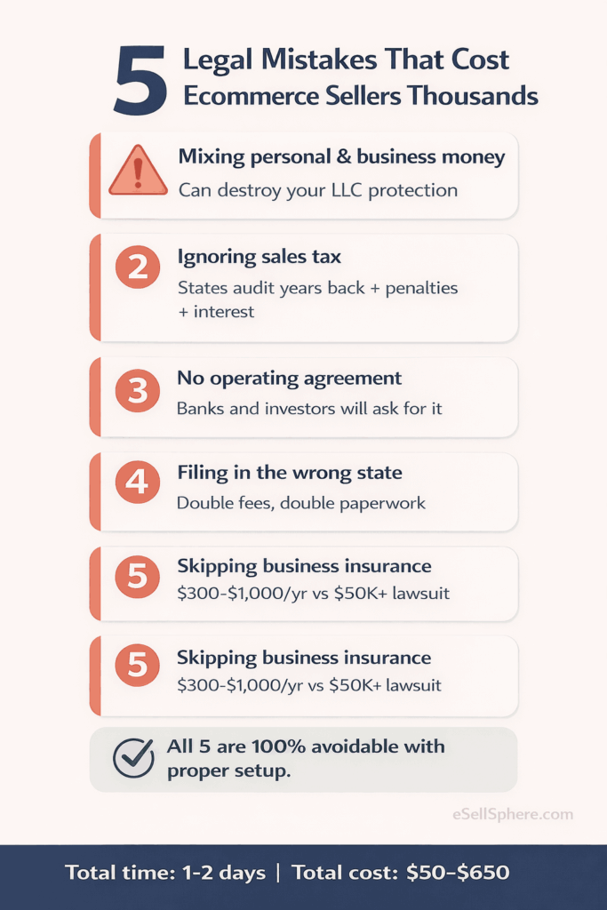 Infographic listing the top 5 legal mistakes ecommerce sellers make including mixing funds ignoring sales tax and skipping insurance