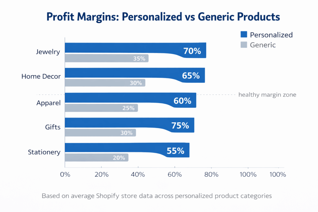 Bar chart comparing profit margins across personalized product categories including jewelry home decor apparel and gifts
