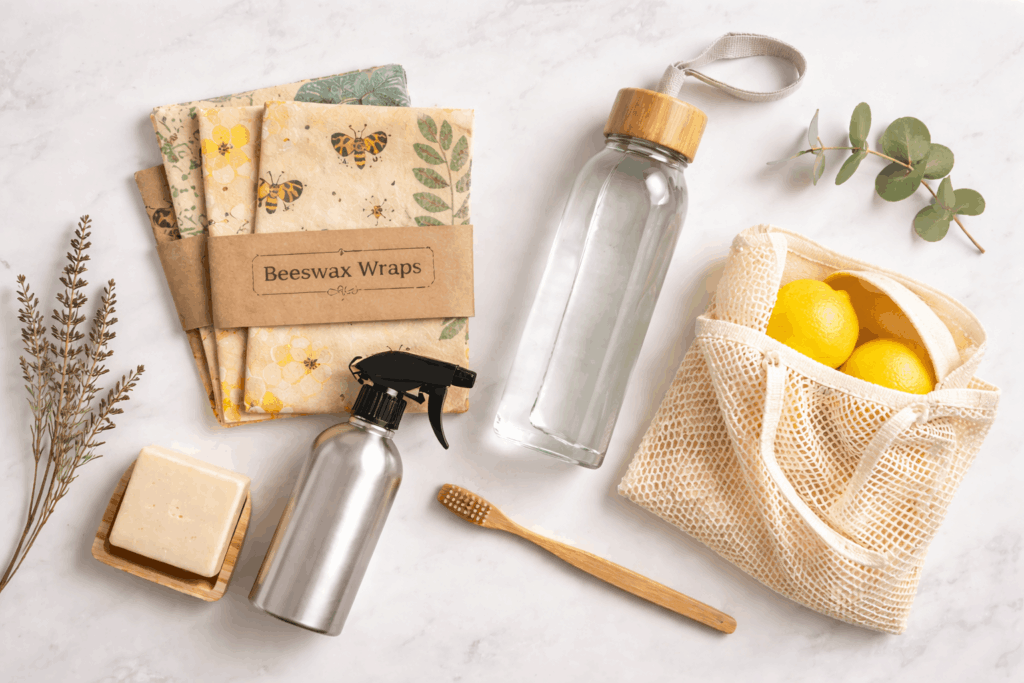 Collage of eco-friendly ecommerce products including reusable bags bamboo items and refillable cleaning supplies on white background