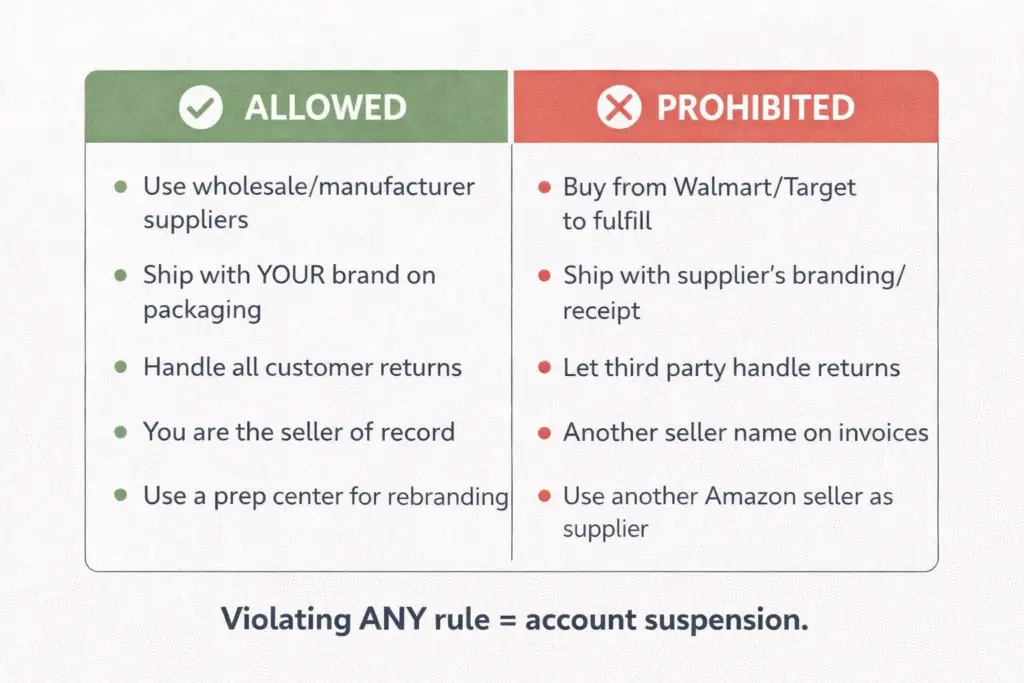 Amazon dropshipping policy rules showing what is allowed versus what is prohibited with clear do and do not examples
