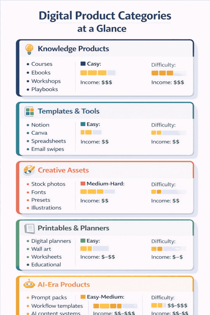 Infographic showing five categories of digital products with examples difficulty level and income potential for each