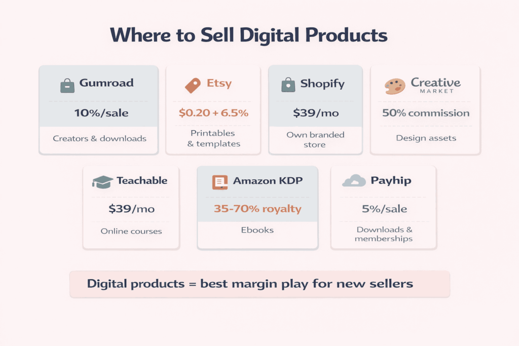 Comparison table of platforms for selling digital products including Gumroad Etsy Shopify Teachable and Creative Market with fees and best use cases