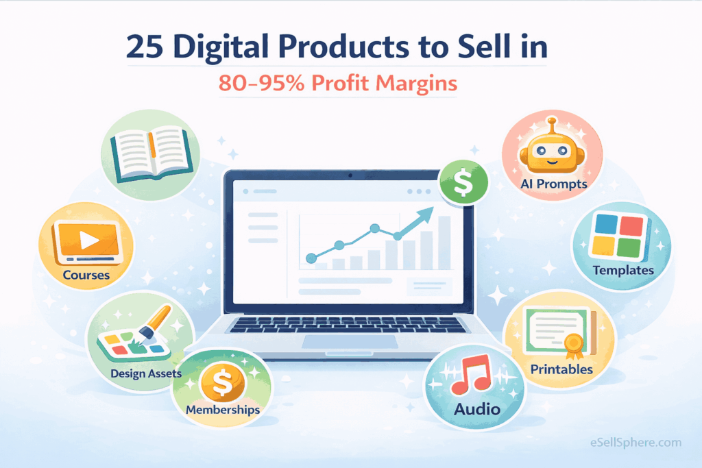 Visual grid showing 8 types of digital products to sell online including courses templates ebooks printables and design assets