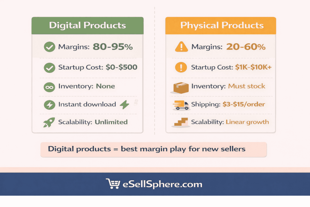 Side by side comparison of digital versus physical products showing differences in margins inventory shipping and scalability