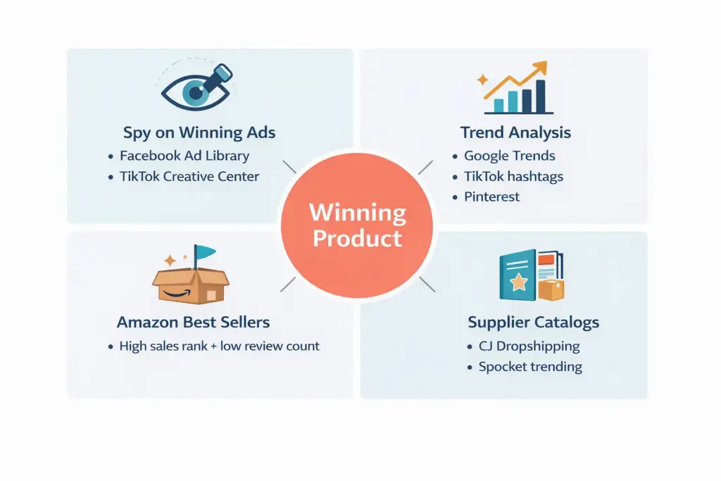 Framework showing four product research methods for dropshipping including trend analysis competitor spying supplier browsing and ad library research