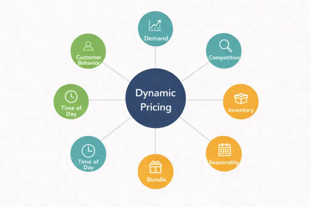 Dynamic pricing hub diagram showing six factors that influence ecommerce price adjustments including demand competition inventory and seasonality