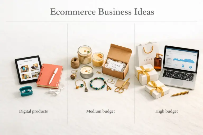 Ecommerce business ideas organized by startup budget tiers showing products and business models
