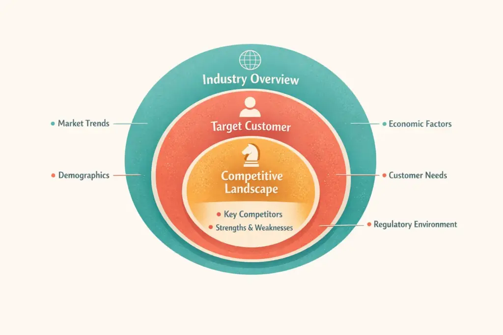 Ecommerce market analysis framework showing industry target customer and competitive research layers