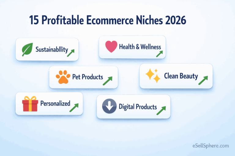 Top 15 profitable ecommerce niches for 2026 with growth indicators and margin ranges displayed as visual cards