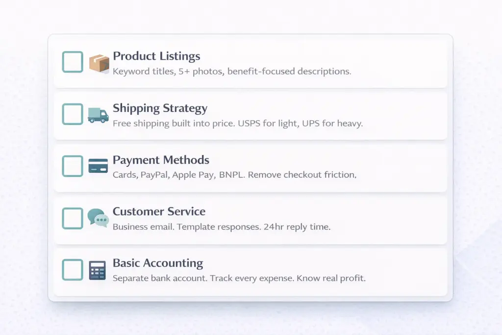 Visual checklist of core ecommerce operations including product listings shipping payments customer service and accounting with status indicators