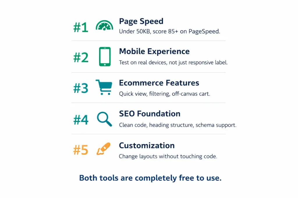 Five criteria for choosing ecommerce website templates showing speed mobile design ecommerce features SEO and customization ranked by importance
