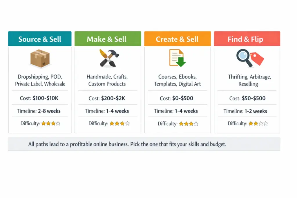 Four ecommerce business model paths showing physical products handmade goods digital products and reselling with startup costs and timelines for each