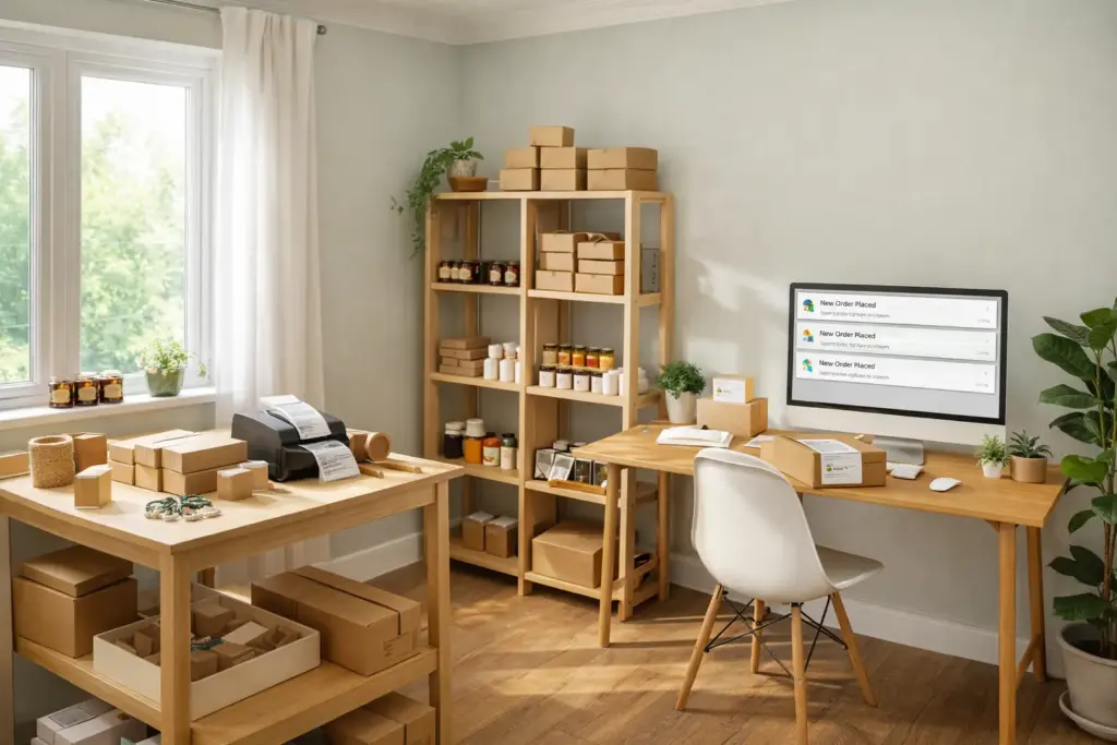 Organized home based ecommerce workspace with shipping supplies product inventory and computer for online selling