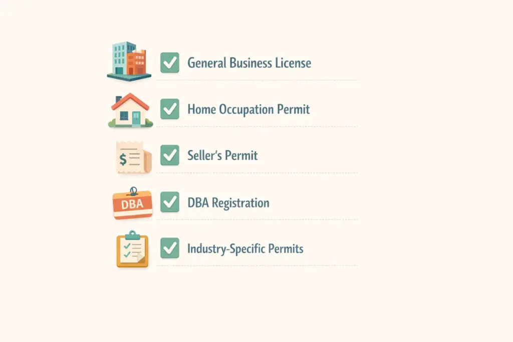 Home based business license checklist showing permits needed for selling products from a residential address