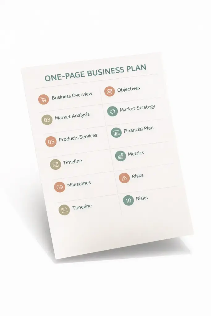 Lean one-page business plan template for bootstrapped ecommerce startups showing ten key questions