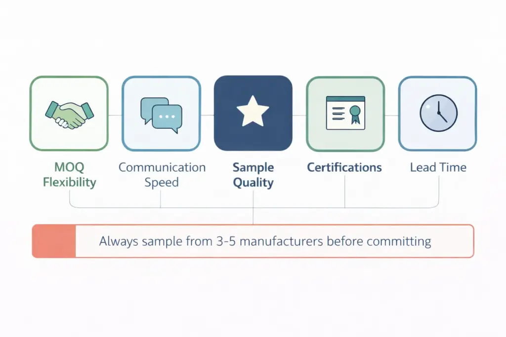 Five key criteria for evaluating private label manufacturers including MOQ communication samples certifications and lead time