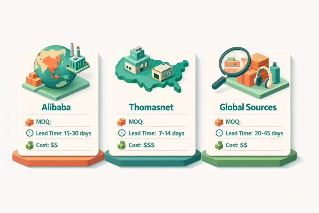 Sourcing platforms compared for finding manufacturers including Alibaba Thomasnet and Global Sources