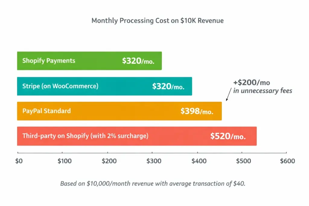 Monthly payment gateway fee comparison on ten thousand dollars revenue showing Shopify Payments Stripe PayPal and impact of Shopify surcharge