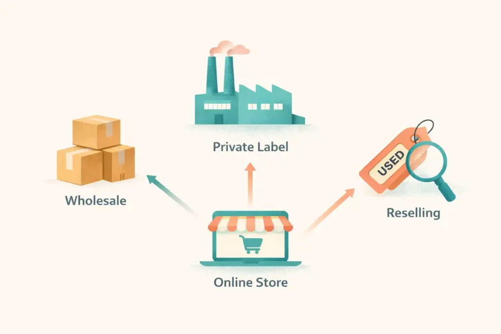 Comparison of ecommerce sourcing methods for products to sell online including wholesale and private label