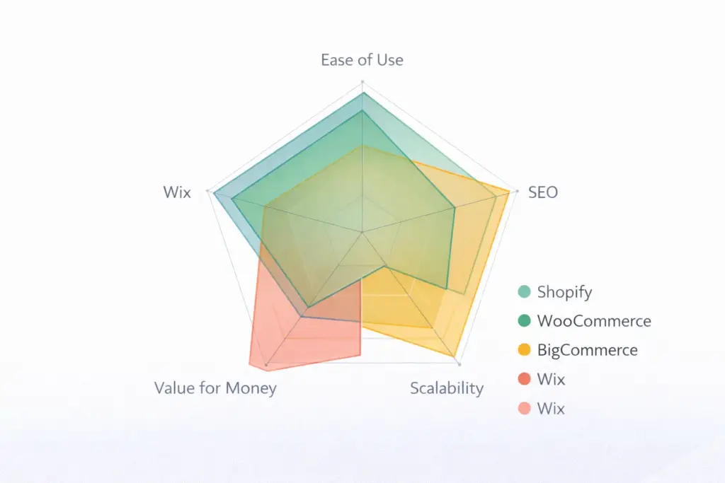 Comparison matrix of Shopify WooCommerce BigCommerce and Wix across ease of use SEO scalability pricing and best use case categories