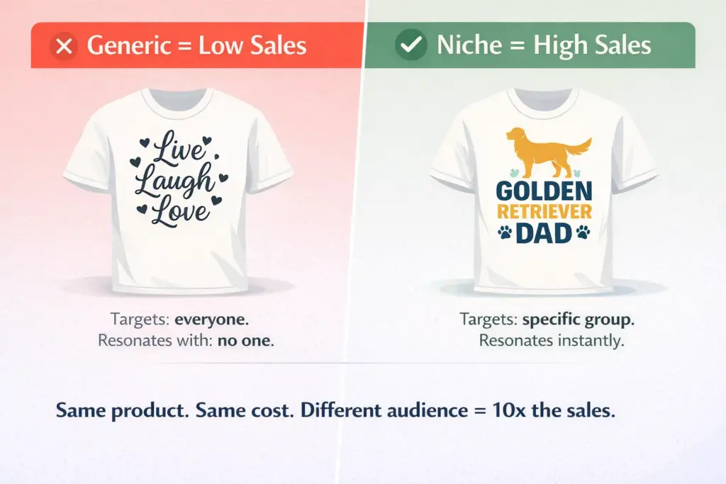 Diagram showing the difference between generic POD designs that don't sell versus niche-targeted designs that convert with examples of each approach