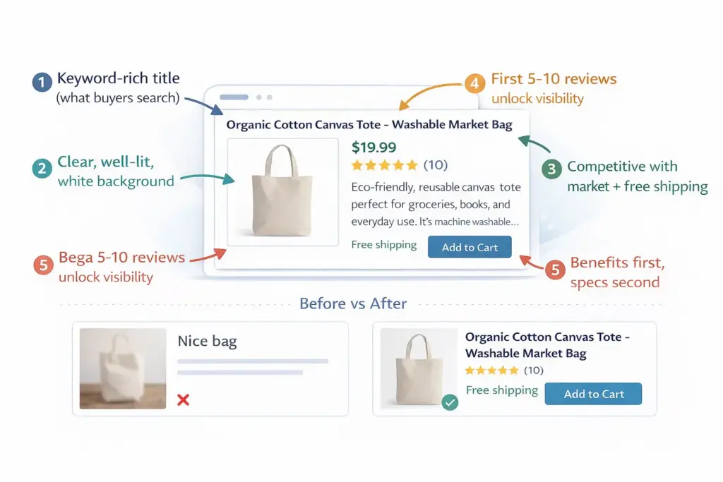 Annotated example of a well-optimized online product listing showing title keywords photo quality pricing description and call to action elements