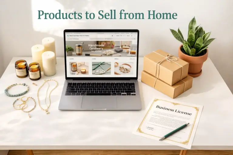 Products to sell from home displayed on a desk with home based business license documents and laptop