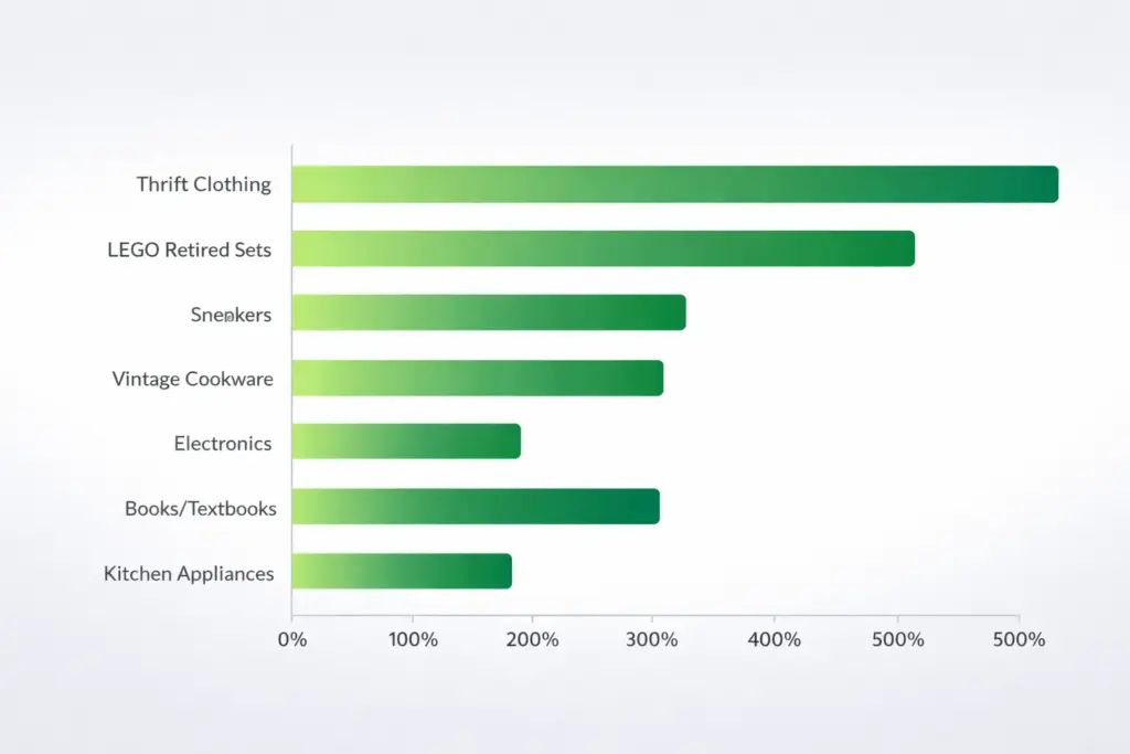 Bar chart showing typical profit margin ranges for top resale categories including sneakers electronics clothing LEGO and home goods