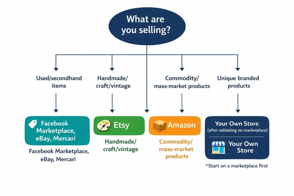 Decision flowchart showing which online selling platform to use based on product type from used items to handmade goods to branded products to commodity products