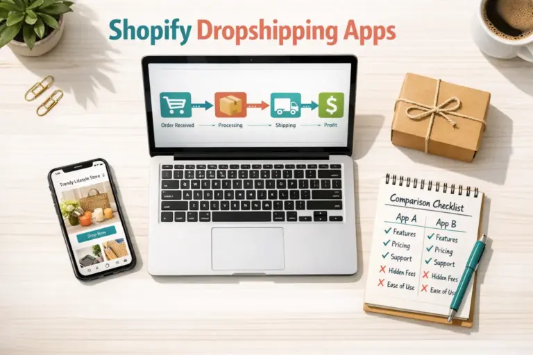 Shopify dropshipping apps compared on a laptop screen showing app icons supplier connections and order flow