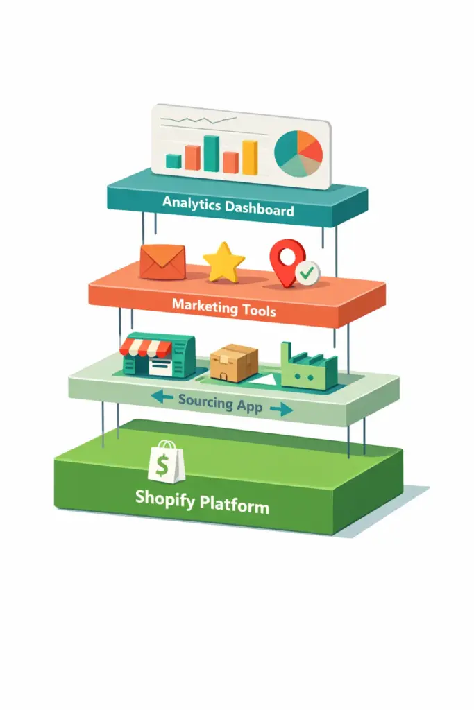 Complete Shopify dropshipping store tech stack showing sourcing fulfillment marketing and analytics apps
