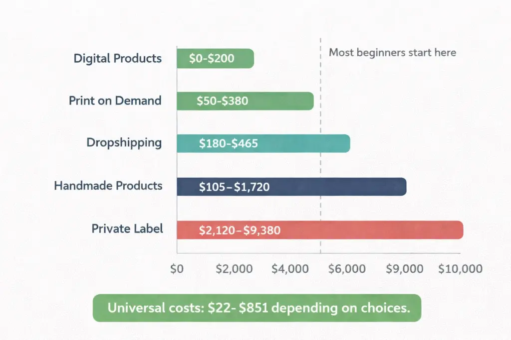 Side by side ecommerce website cost comparison for dropshipping print on demand handmade products private label and digital products showing total investment range