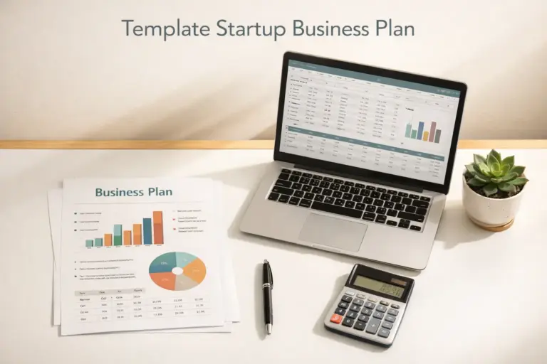 Template startup business plan for ecommerce showing organized sections with financial charts and projections
