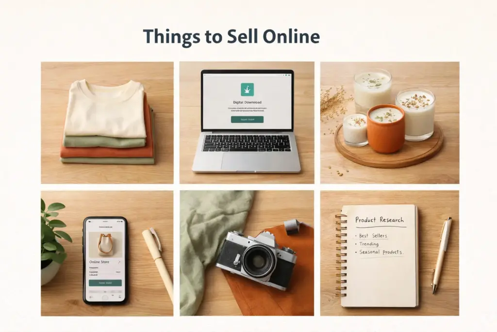 Things to sell online organized by business model showing physical digital and handmade products