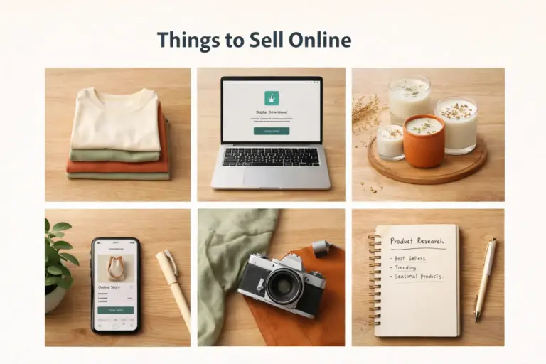 Things to sell online organized by business model showing physical digital and handmade products