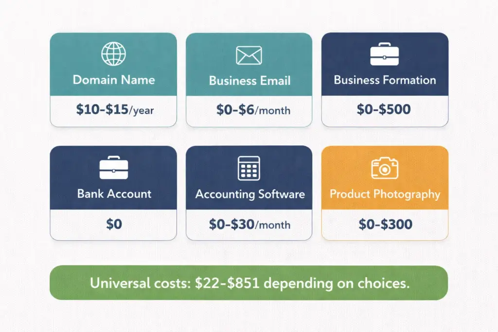 Breakdown of universal ecommerce website costs showing platform domain legal tools and marketing expenses with cost ranges for each category
