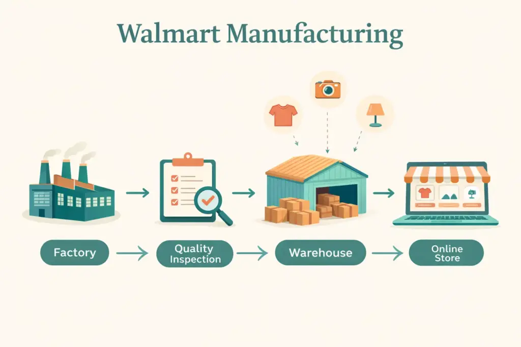 Walmart manufacturing model and ecommerce product sourcing with factory supplier and shipping icons