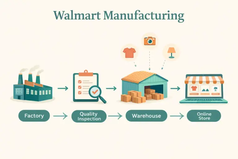 Walmart manufacturing model and ecommerce product sourcing with factory supplier and shipping icons