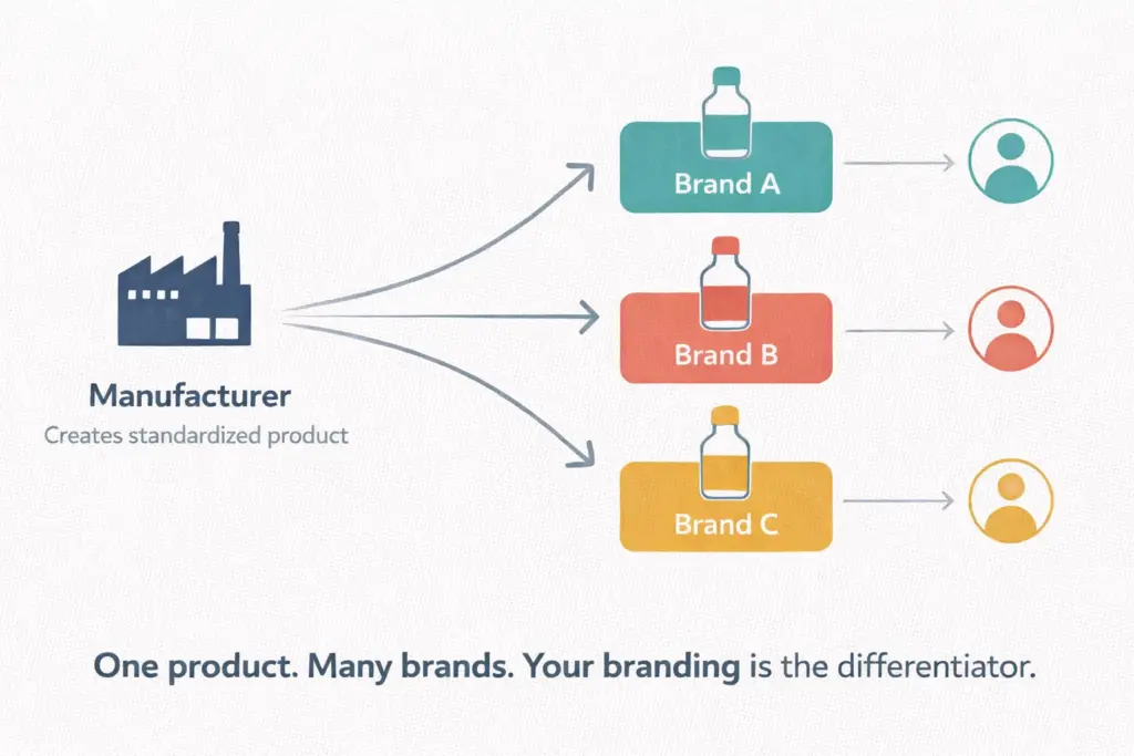 White label products process flow showing manufacturer producing generic product then multiple brands applying their own branding to sell the same product
