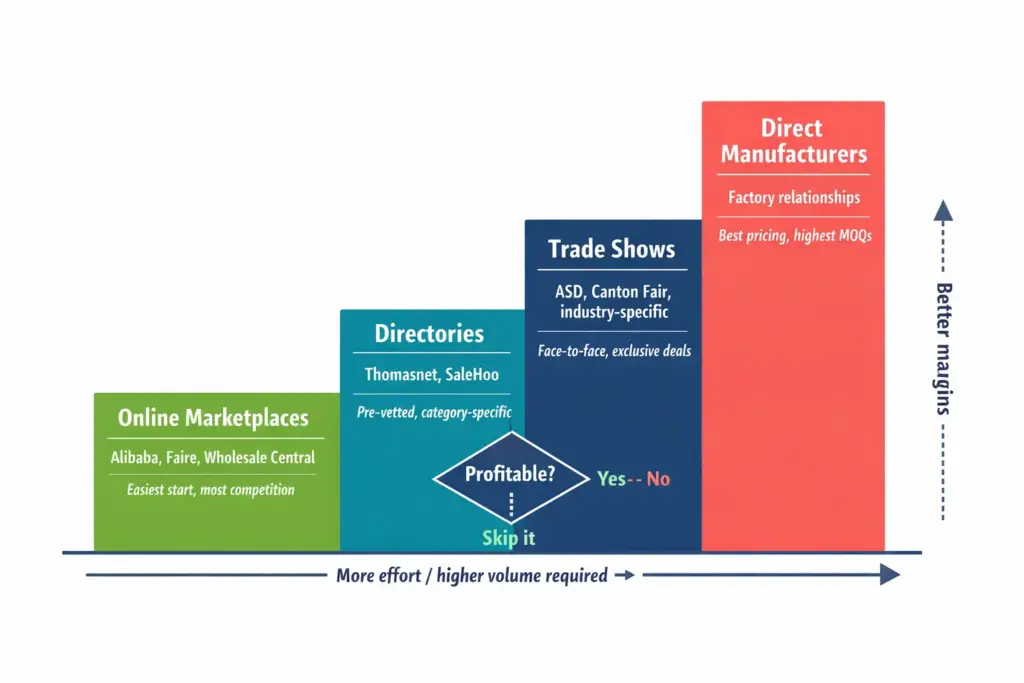 Progression diagram showing four levels of wholesale sourcing from online marketplaces to direct manufacturer relationships with increasing margin potential at each level