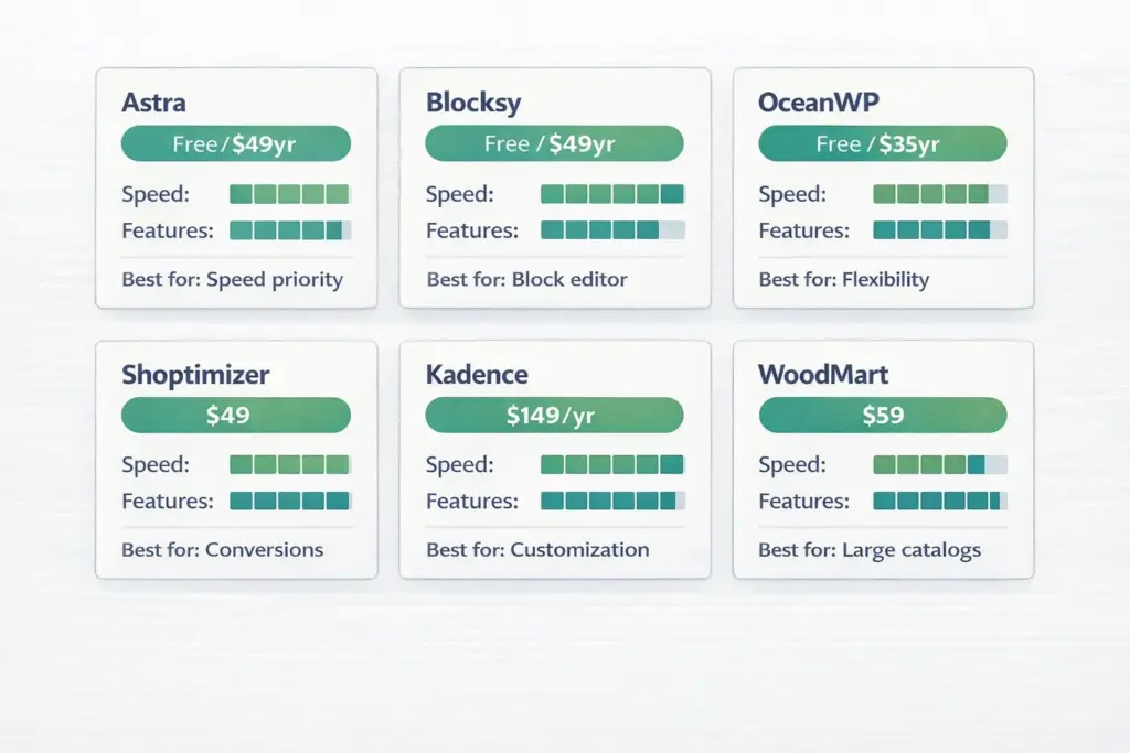 WordPress ecommerce themes comparison table showing Astra Blocksy OceanWP Shoptimizer Kadence and WoodMart rated by speed features and price
