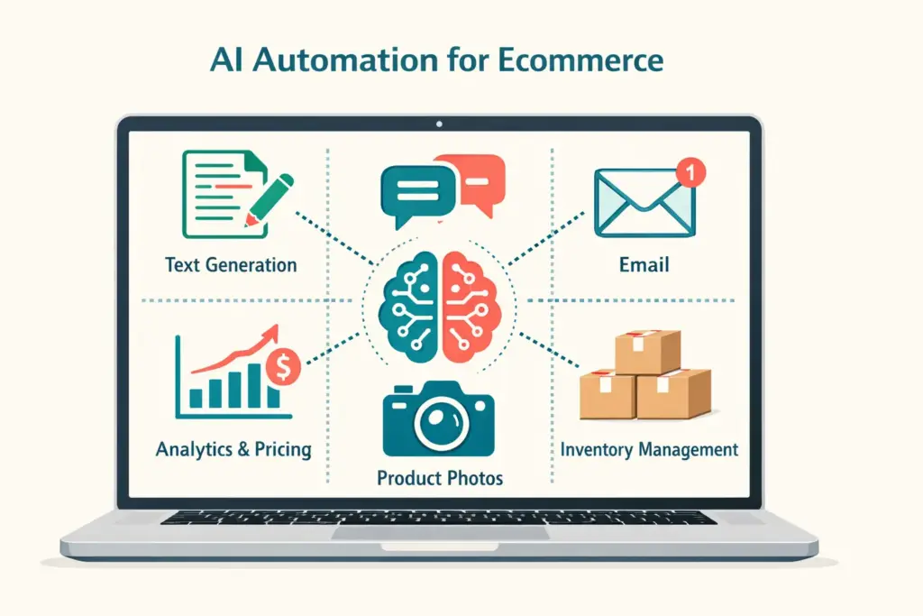 AI automation for ecommerce showing robot and human collaboration with product copy chatbot and analytics icons