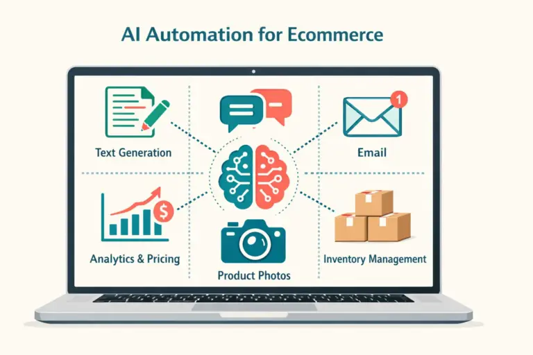 AI automation for ecommerce showing robot and human collaboration with product copy chatbot and analytics icons