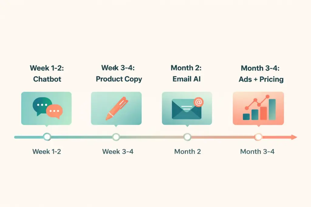 Four month AI automation implementation roadmap from chatbot setup through personalization launch