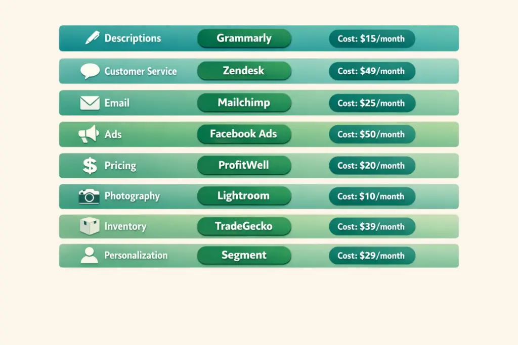 AI ecommerce tool stack showing eight automation categories with tool names and monthly costs