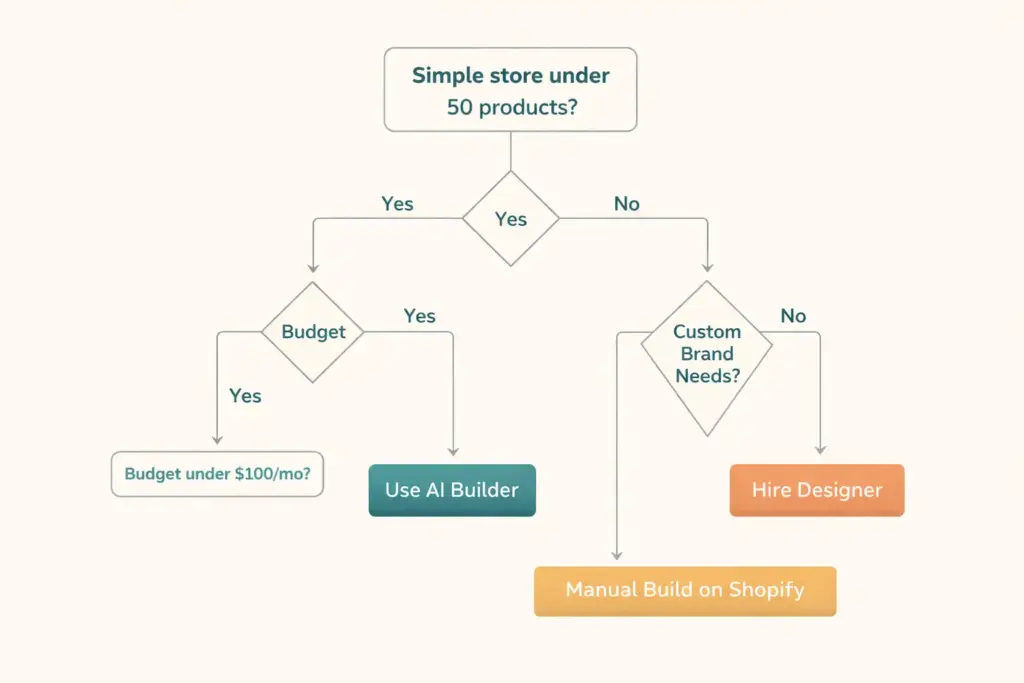 Decision flowchart for choosing between AI store builder and manual build based on complexity and budget