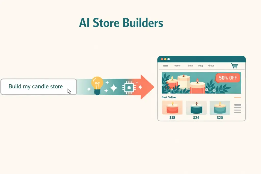 AI store builders showing a text prompt transforming into a complete ecommerce website