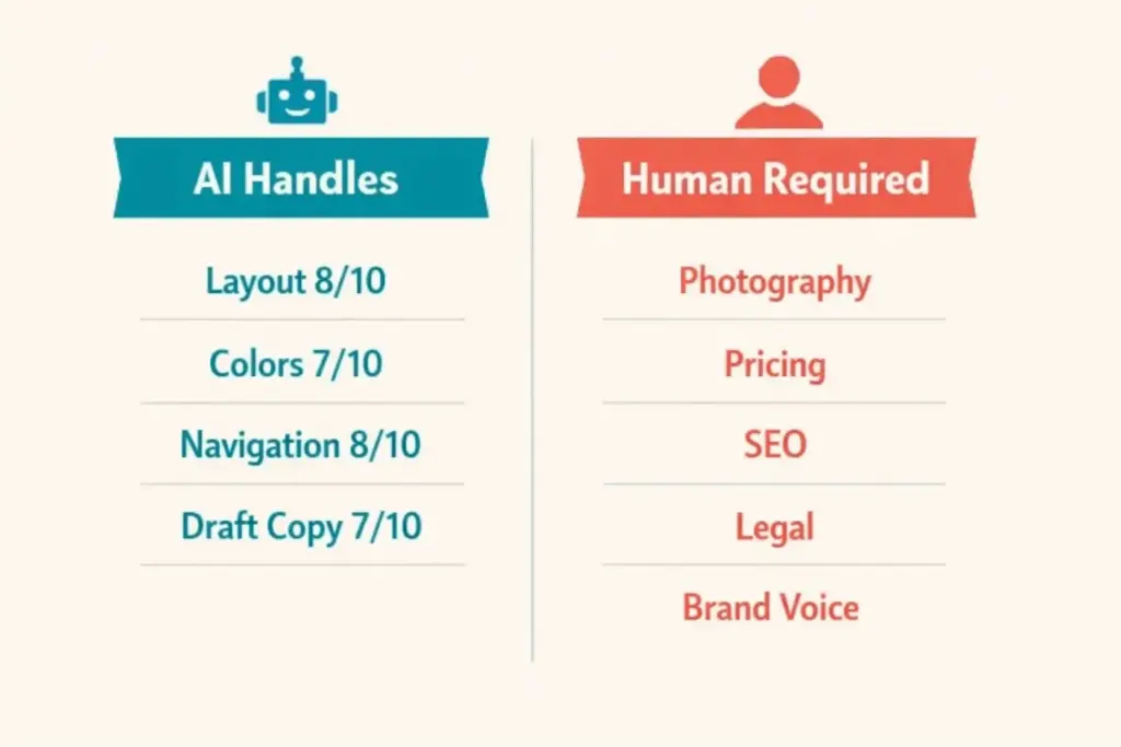 AI versus human responsibilities in store building showing what AI handles well and what needs human work